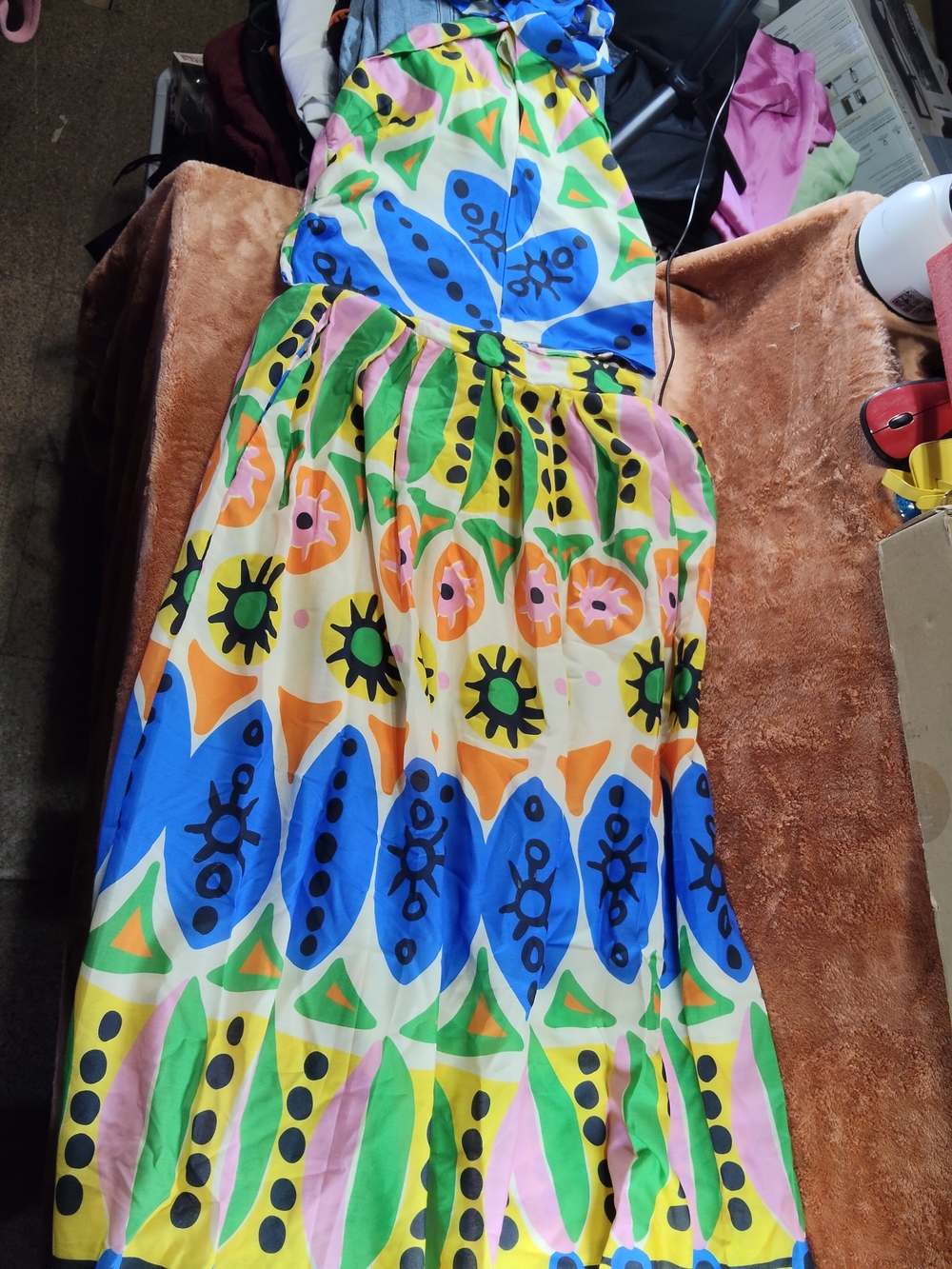 Bright Multicolor Floral Print  Dress - Vibrant Blue, Green & Yellow 2 Pieces